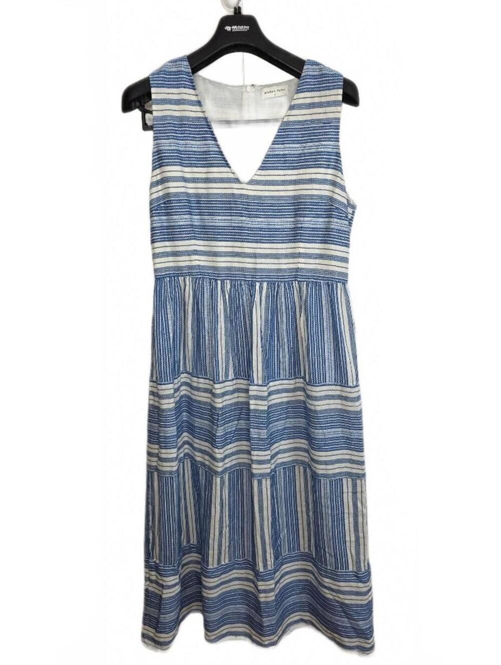 Megan Park Blue And White Striped V-Neck Cotton Midi Dress. Sleeveless Size 2
